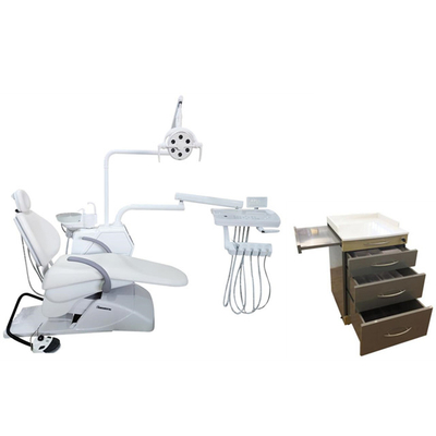 Unidad de silla dental de color blanco con gabinete móvil