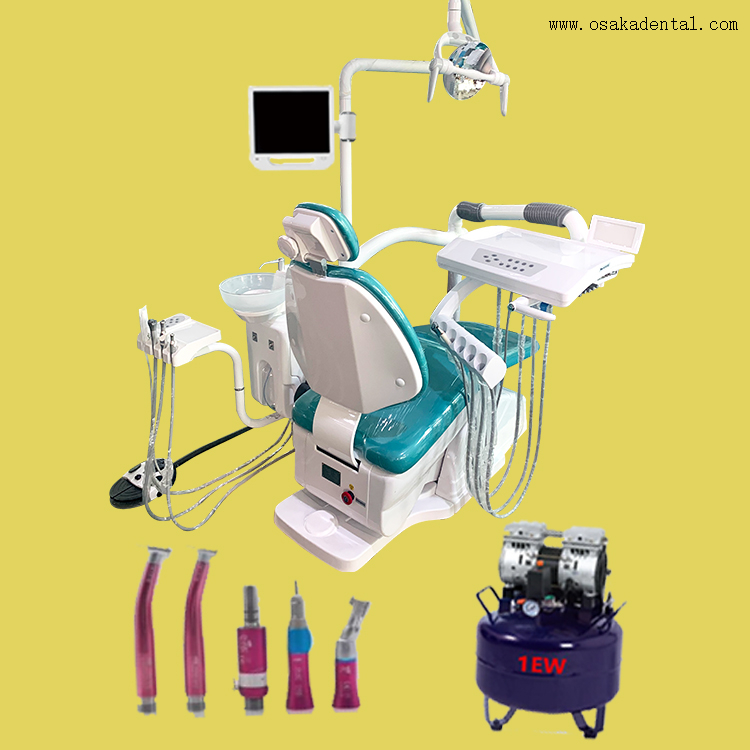 Silla dental con bandeja de instrumentos y compresor de aire dental y pie de mano dental